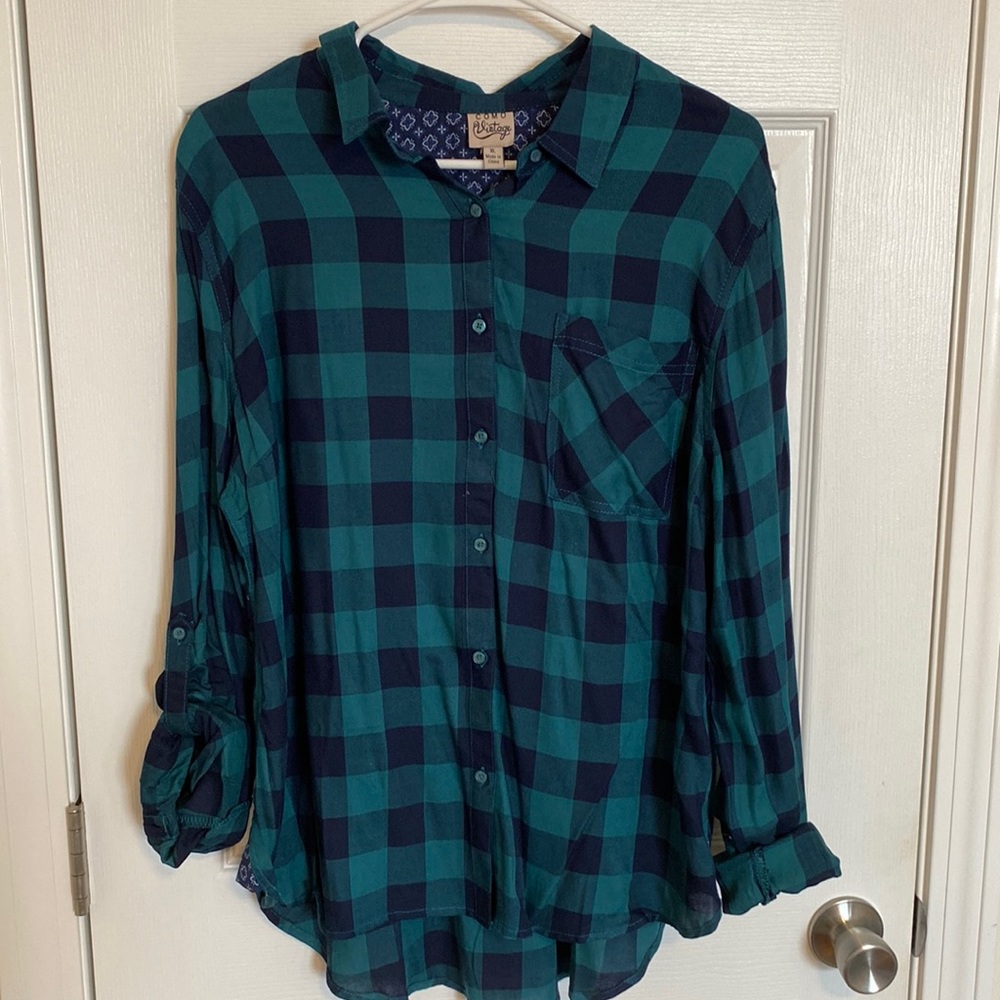 Navy blue and teal/green plaid shirt. XL